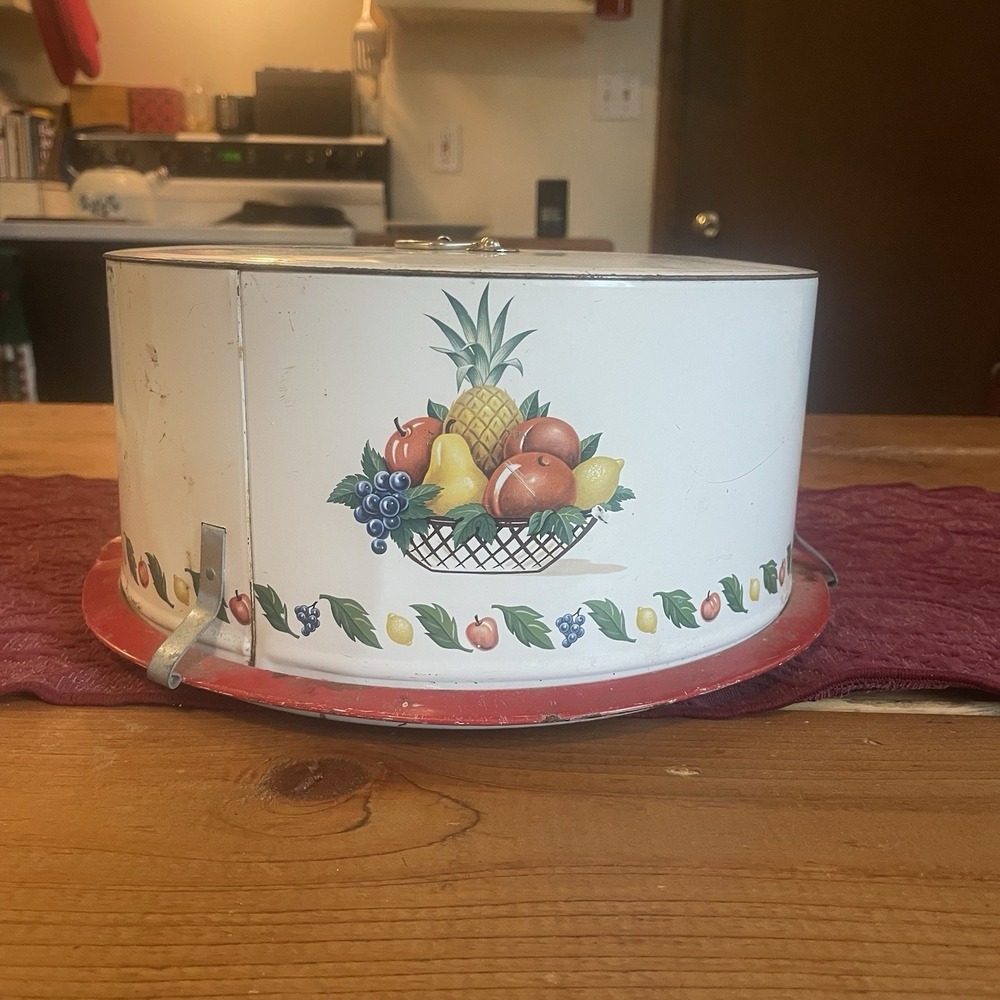 Vintage Decoware Red Metal Cake Carrier Fruit Flowers Apple Pear Cherries 1950s